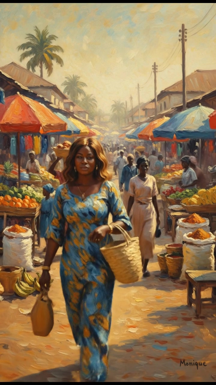 A bustling street in Lagos, with colorful market stalls and people moving around.