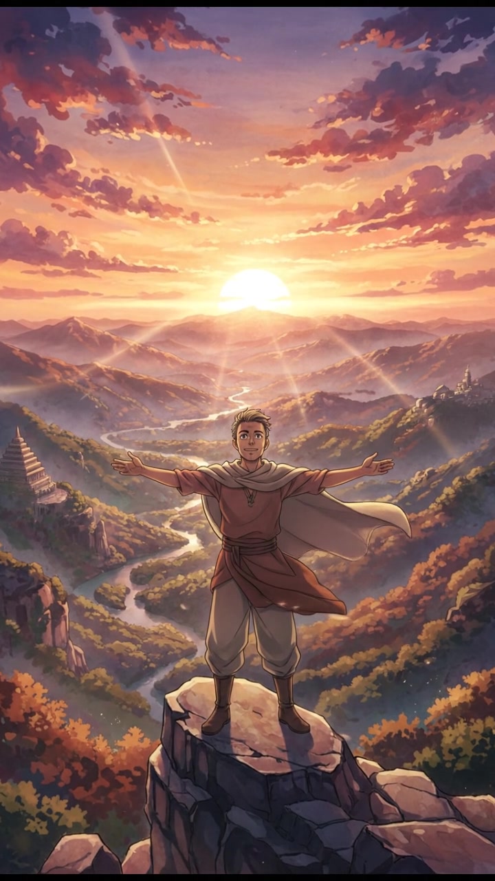 Omar standing on a rocky hillside at sunset, arms open, with a breathtaking view of valleys below.