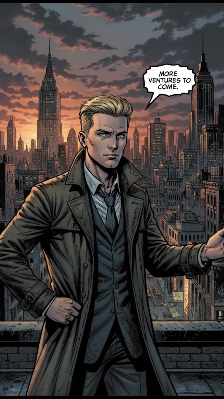 Ryan standing on a rooftop overlooking a city skyline at sunset, confidently promising more ventures to come.