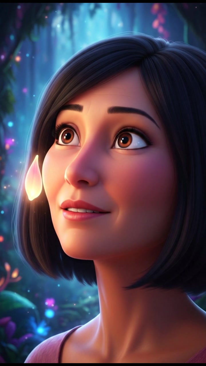 Close-up of Li's face as soft light from a magical petal touches her cheek.