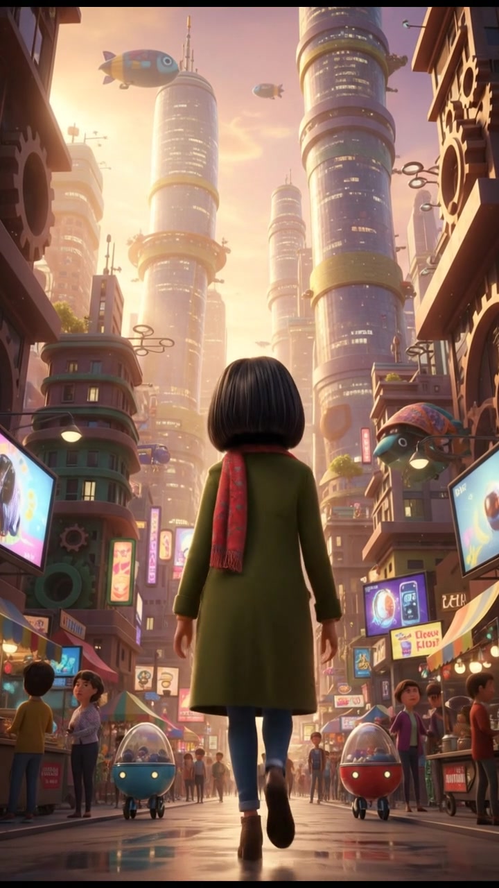 A view of a busy city street with Li walking through, gazing up at looming skyscrapers.