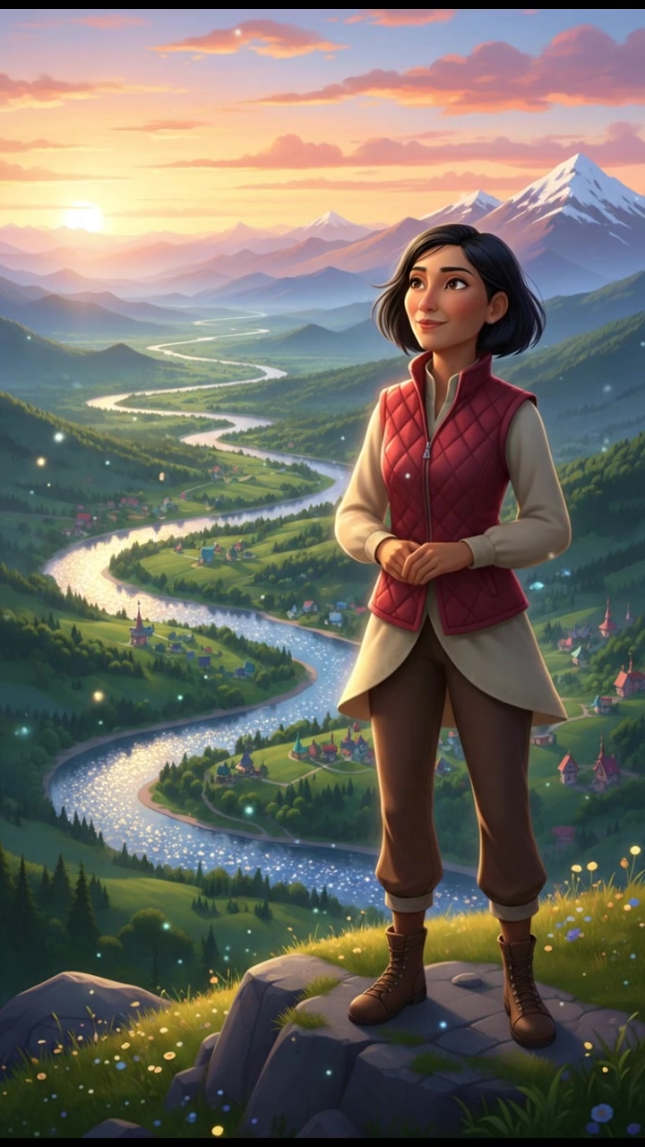 Li standing on a hilltop, looking out over a sparkling river and green valley.