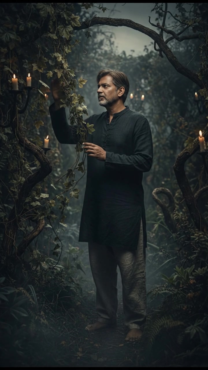 Raj standing in a lush garden, interacting with plants, showcasing a relationship with nature.