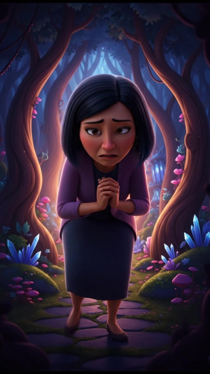 Li standing anxiously, peering into the darkness with her hands clasped in front.