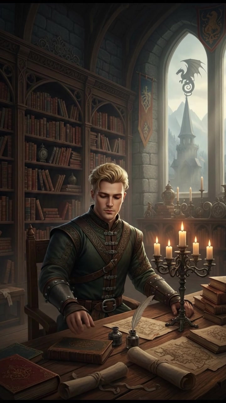 Ryan sitting at a large wooden table in the castle library, surrounded by shelves filled with ancient books.