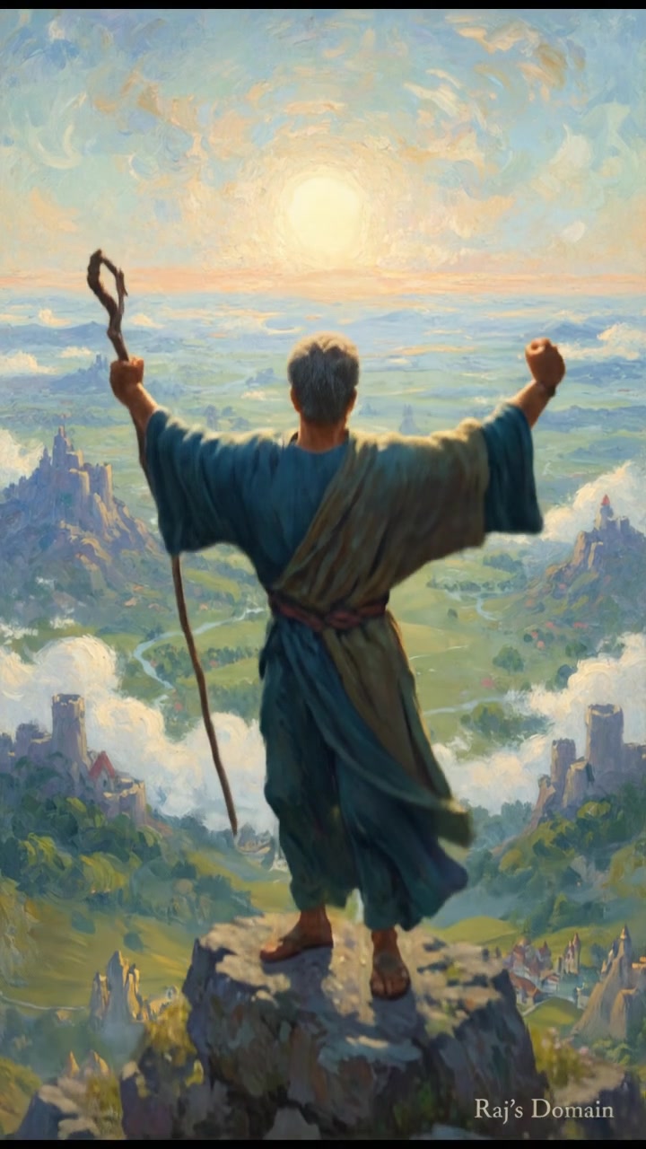 Raj standing at the peak of a high mountain, overlooking vast kingdoms under a clear sky.