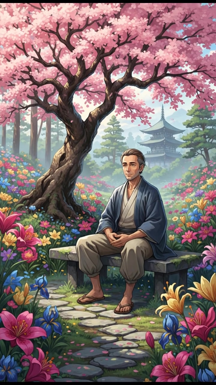 Omar sitting peacefully in a garden, surrounded by blooming flowers and trees.