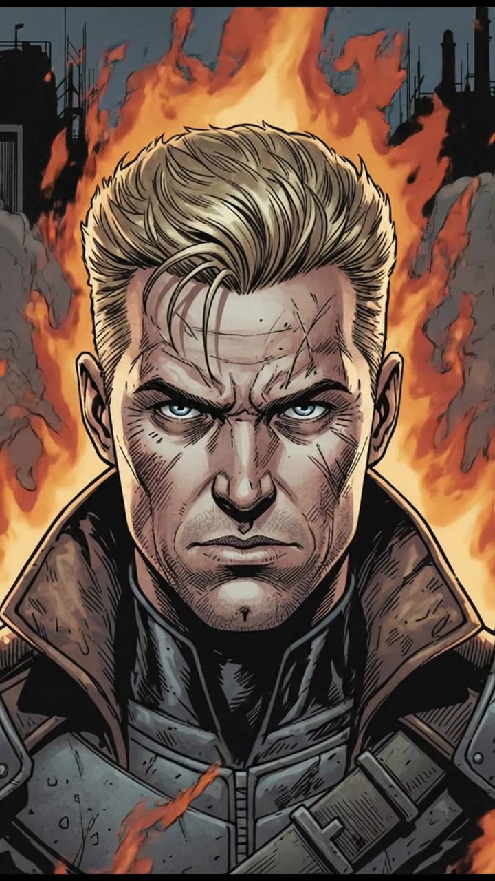 A close-up of Ryan with a determined expression, surrounded by flickering flames.