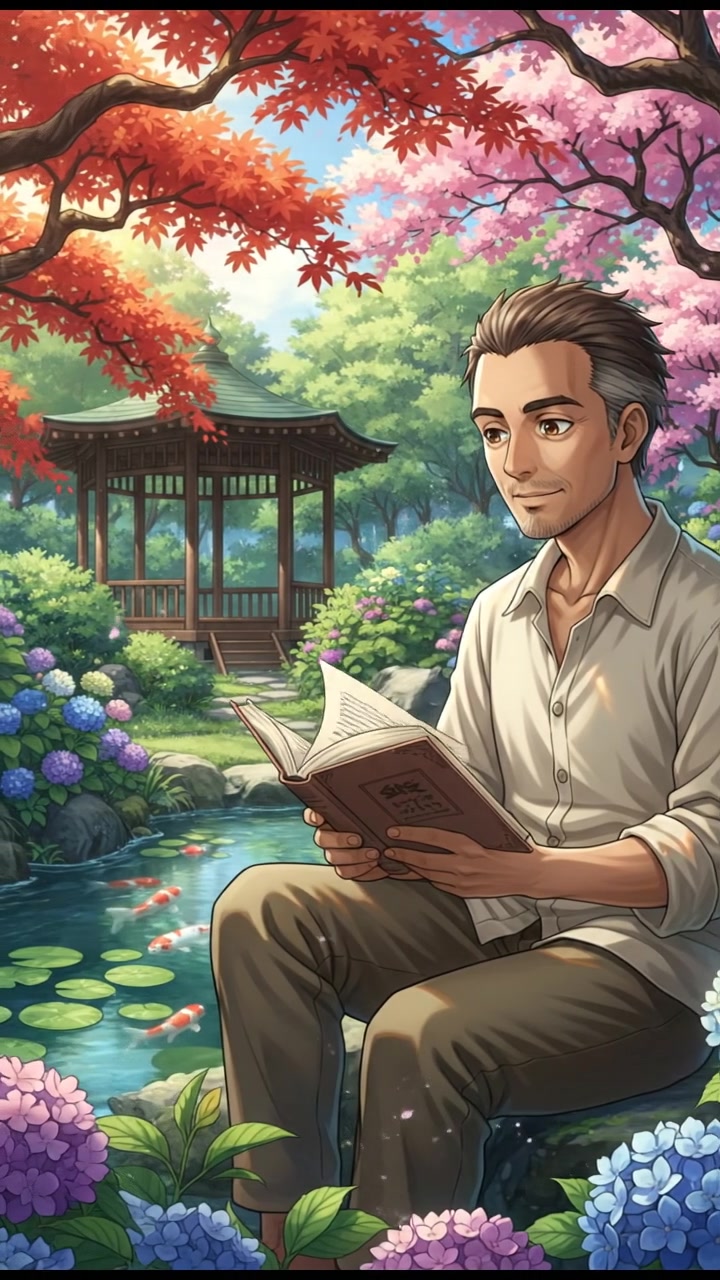 Omar sitting in a serene garden, surrounded by lush greenery and flowers, reading a book.