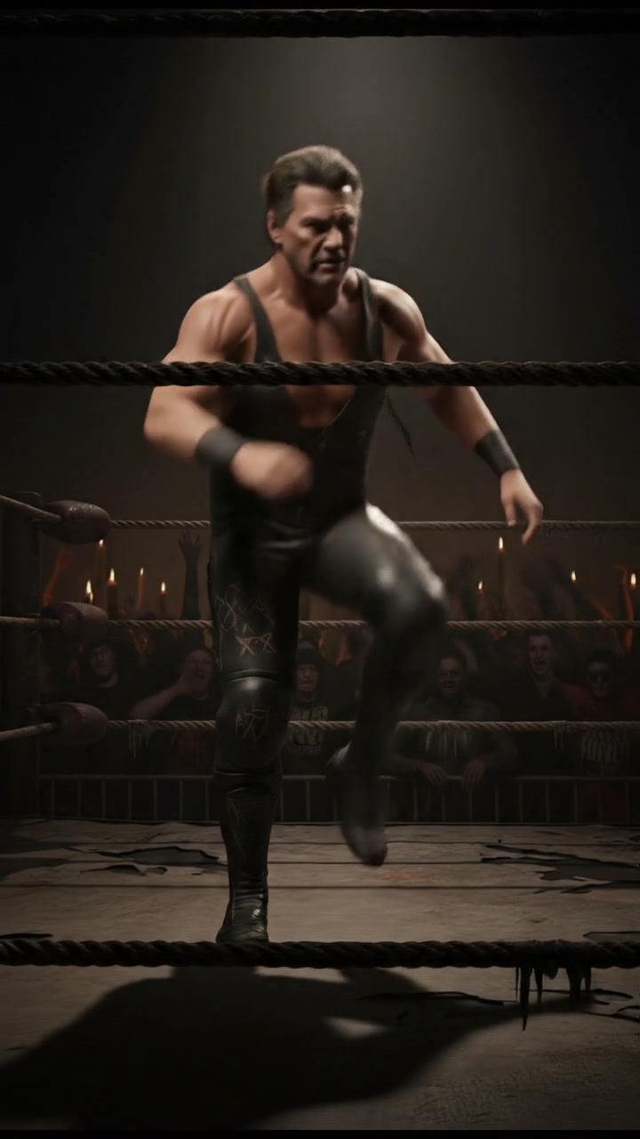 Mark delivering a running knee strike in a wrestling ring, with a cheering crowd in the background.