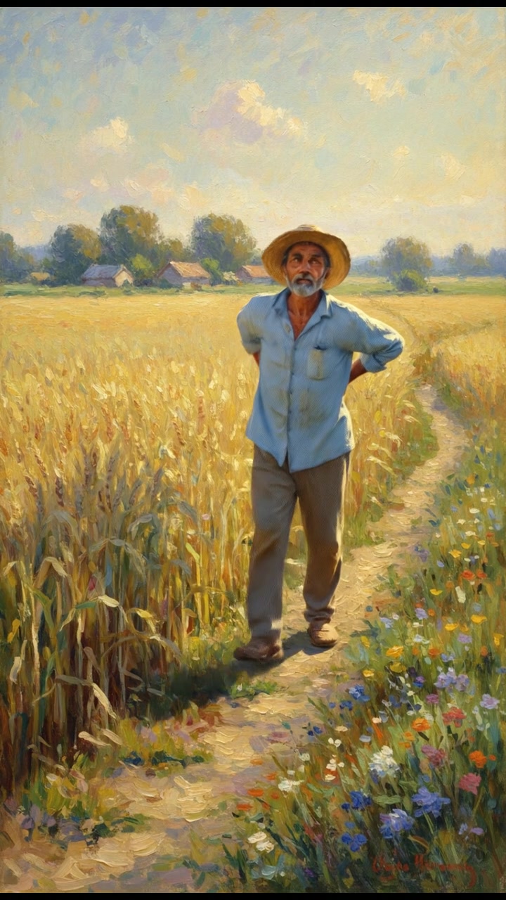 A wide shot of a sunlit field with Raj tending to crops while looking weary.