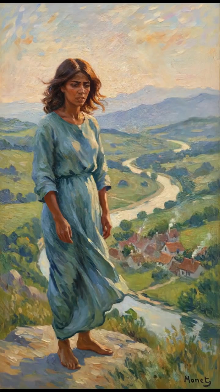 Monique in contemplation at the edge of a cliff overlooking the village, with turmoil in her expression.