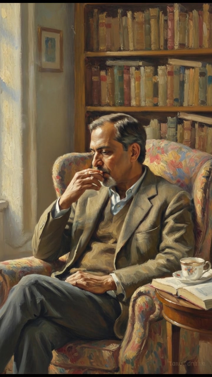 Raj sitting in a cozy armchair, reflecting thoughtfully, with a bookshelf in the background filled with books.