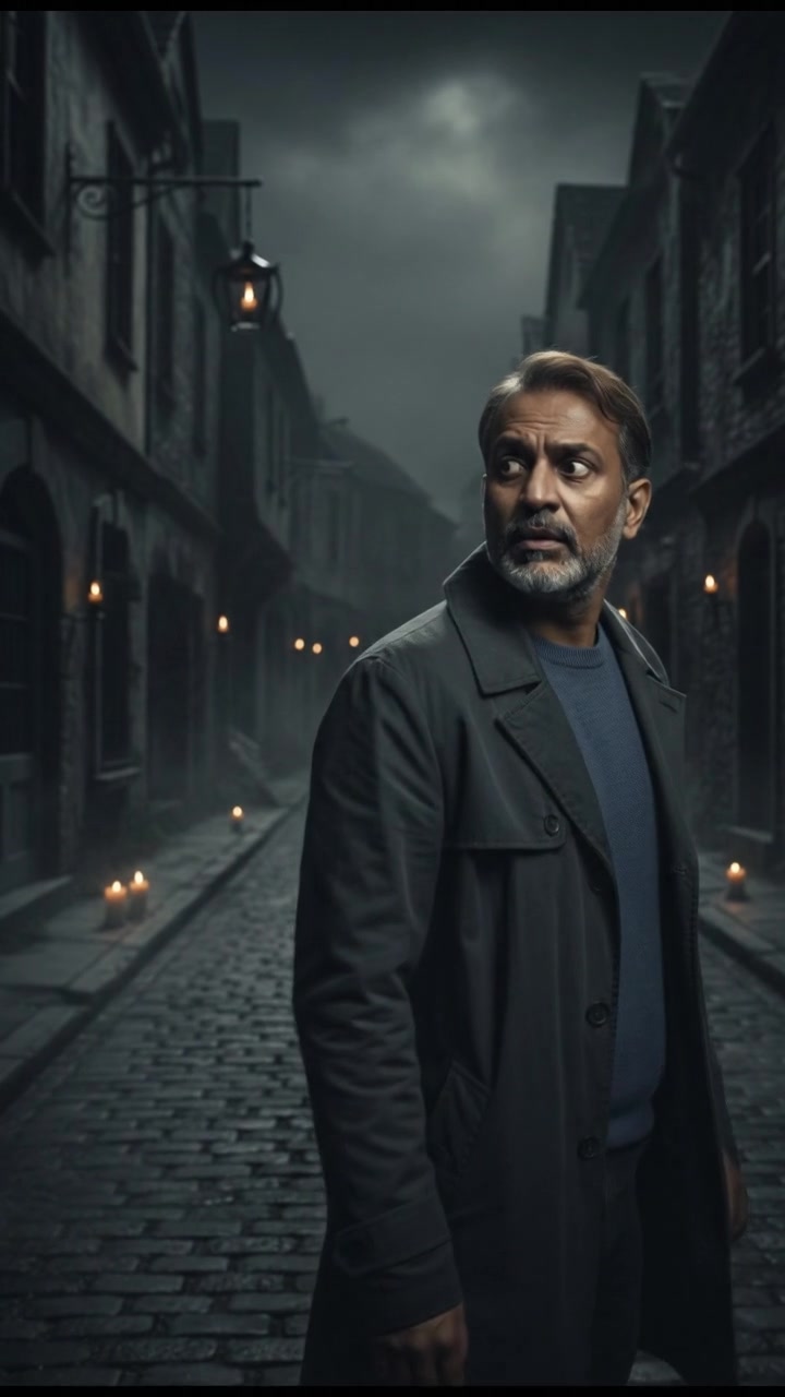 Raj looking over his shoulder in an empty street, with a puzzled expression.