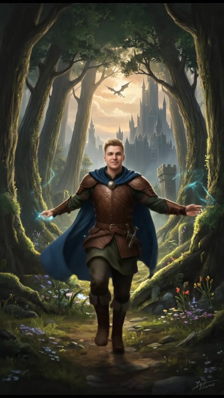 Ryan gleefully running among the trees in the forest.