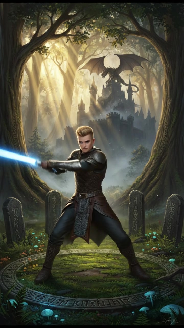 Ryan practicing lightsaber moves in a forest clearing with sunlight filtering through the trees.