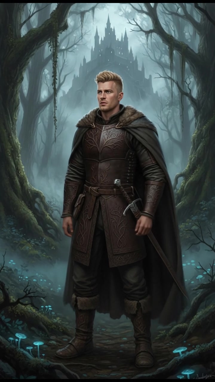 Ryan, with a concerned expression, stands with his arms crossed, in a misty forest.