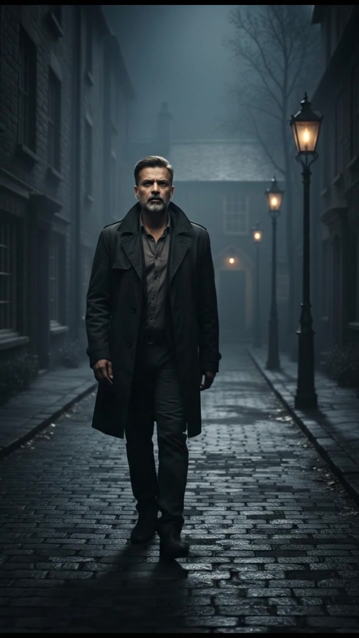 A dimly lit street with the Raj walking slowly towards his home, a faint glow from nearby streetlamps illuminating the path.