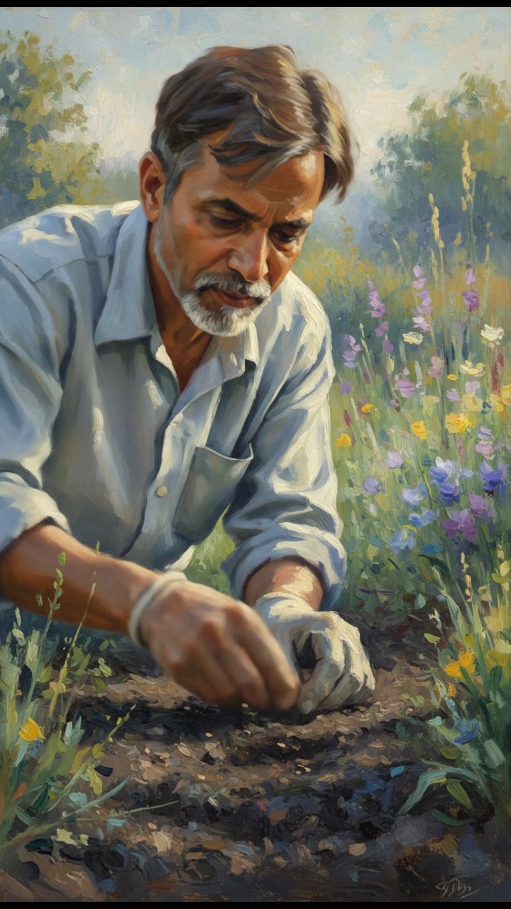 A close-up of Raj's hands planting seeds in soil, with a garden in the background.