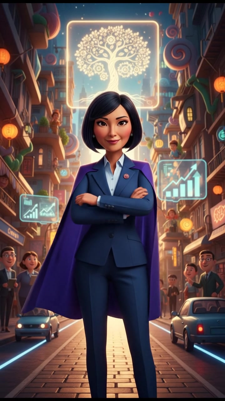 Li looking determined, standing alone in a busy street, embodying her career growth.