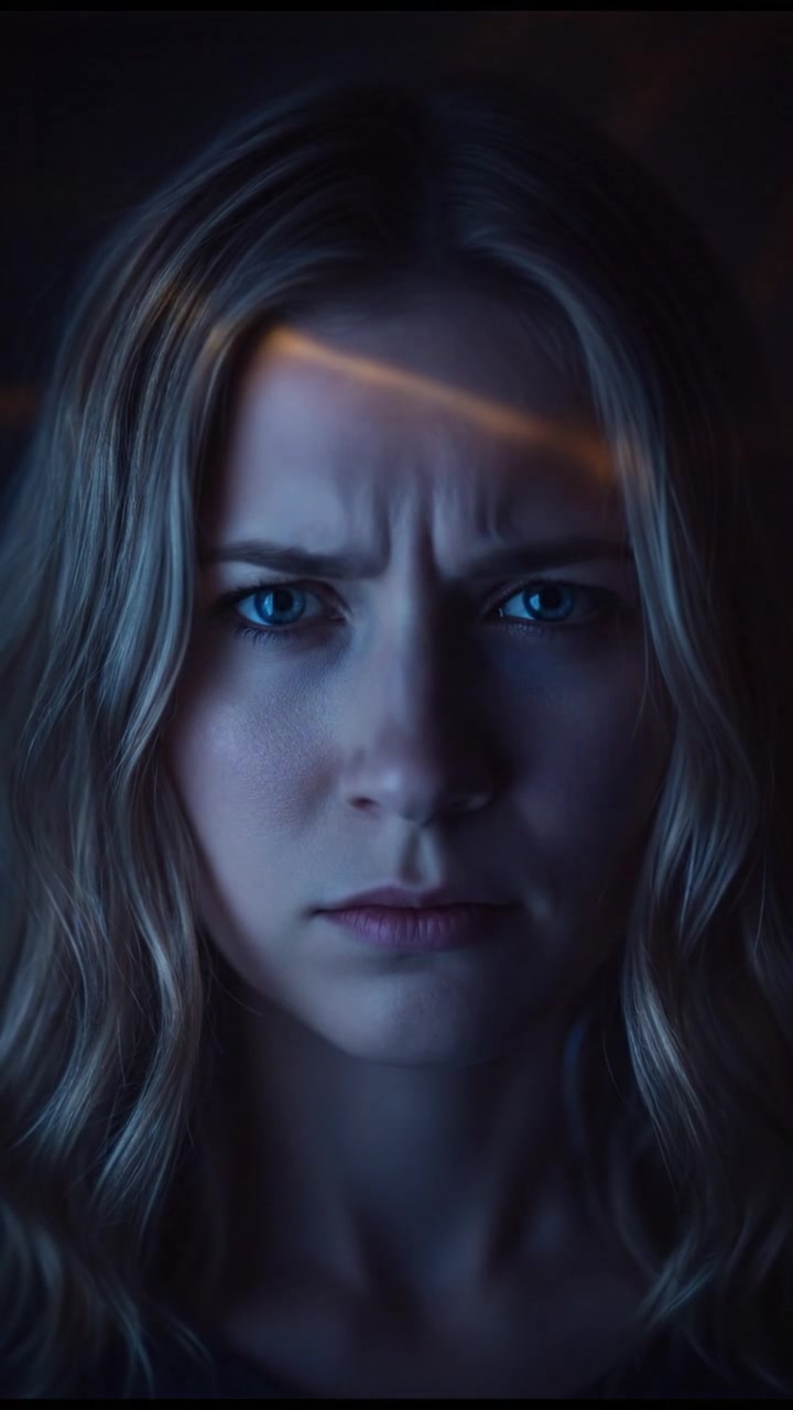 A close-up of Ashley's frustrated face, with her wavy dirty blond hair framing her face.