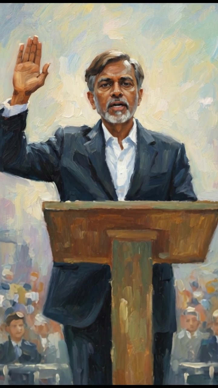 Raj stands on a stage with a podium, raising his hand in a gesture of oath-taking.