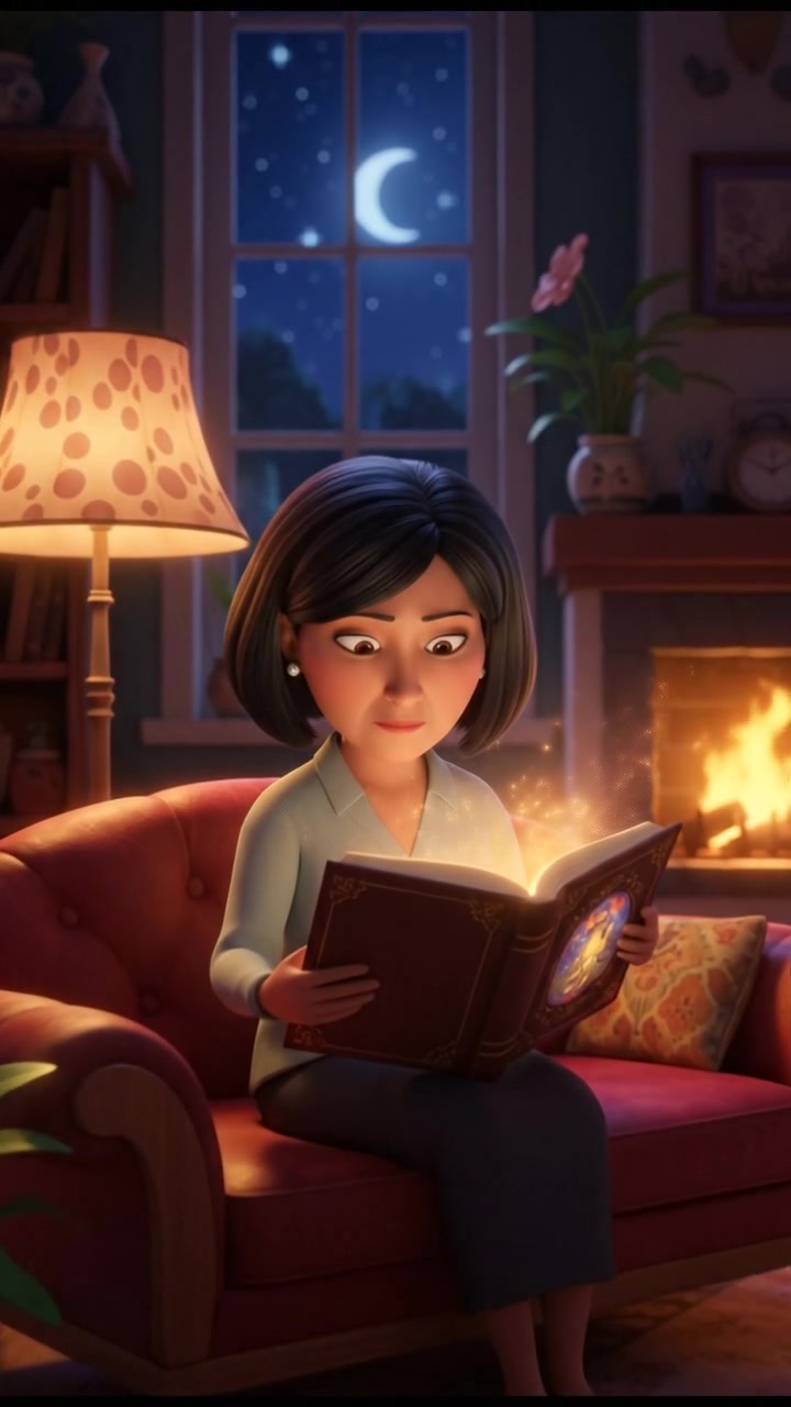 The Li sitting on a couch in a dimly lit living room, looking thoughtfully at a book.