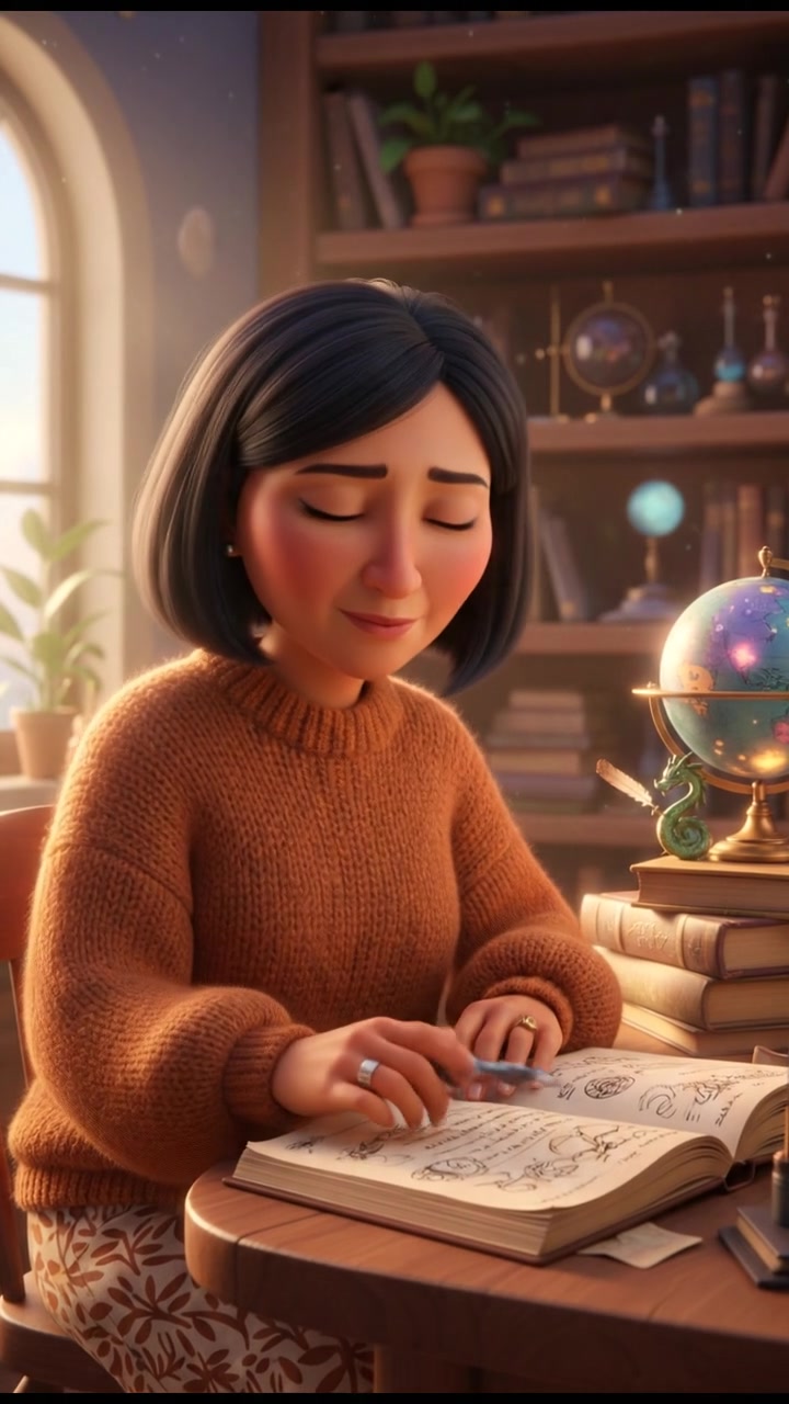 A close-up of the Li sitting at a desk, looking thoughtfully at a notebook with a pen in hand.