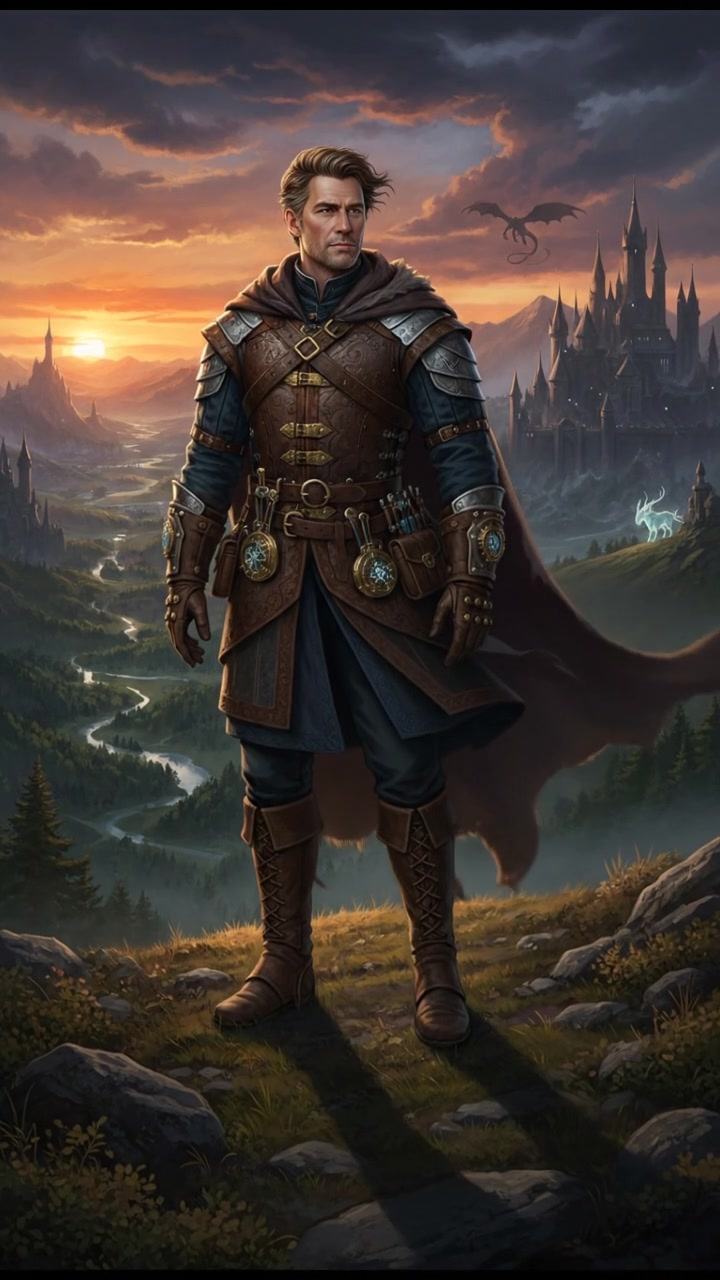 Mark is standing on a hilltop at sunset, casting a long shadow, gazing into the distance. watch maker clothing