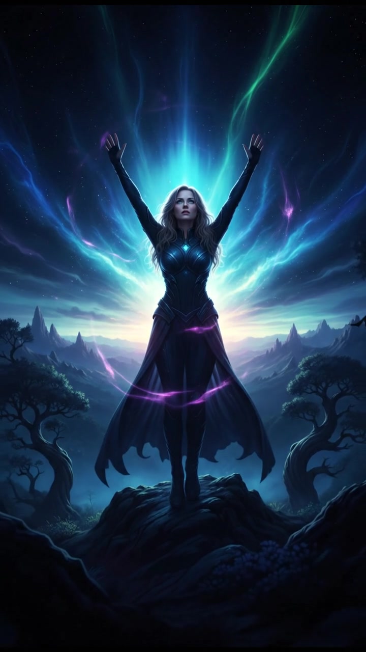 Ashley standing confidently on a hilltop, arms raised in triumph, surrounded by a bright sunset.