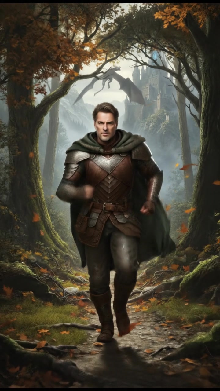 Mark is sprinting down a forest path, leaves flying behind him as he runs quickly.