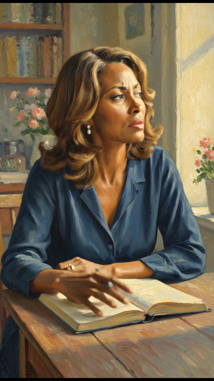 A woman writing in a journal, deep in thought, with a warm light illuminating her.