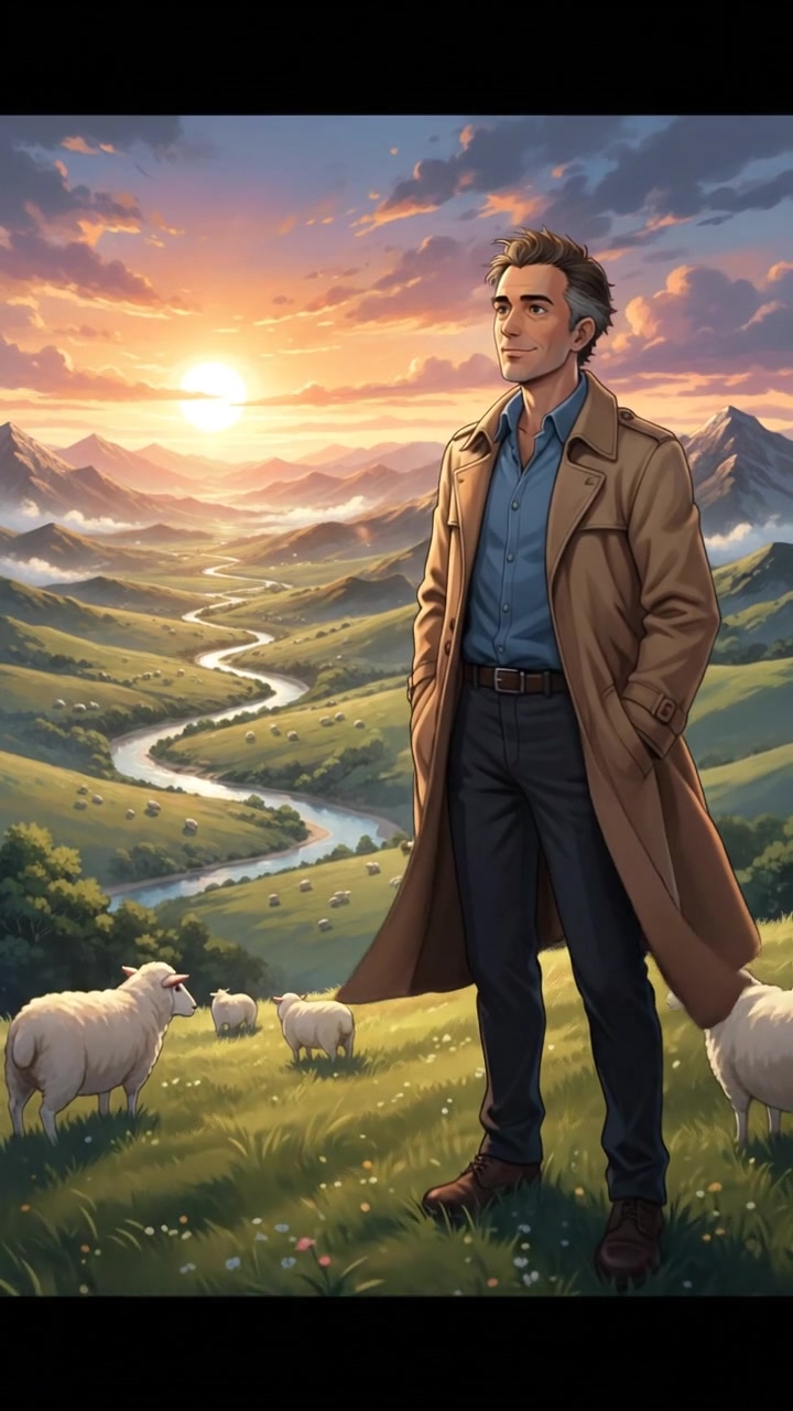 Omar, standing on a grassy hilltop, looking out over a peaceful valley with sheep grazing at his feet.
