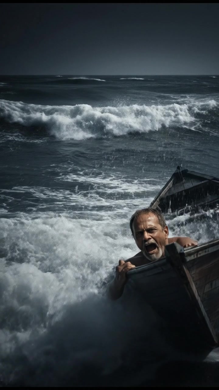A small boat capsizes in rough sea waves, with water splashing around and a distant figure of Ramesh falling into the water.