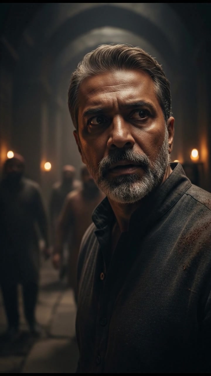 A close-up of Raj looking around warily, with shadows and indistinct figures in the background.