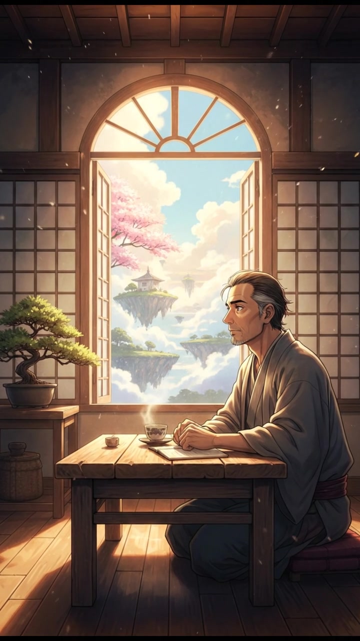 The Omar sitting at a wooden table, looking out a window, deep in thought with sunlight illuminating the room.