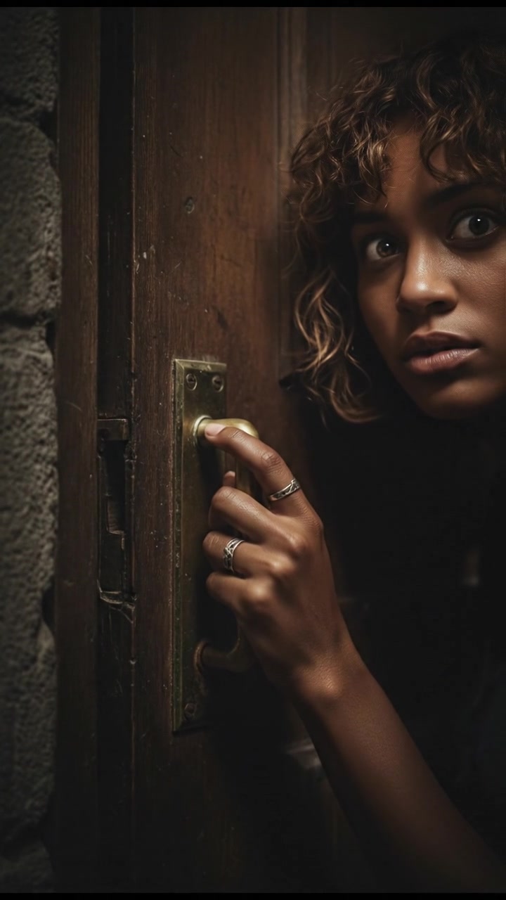 The locked door with a close-up of the Nia's hand pushing against the handle.