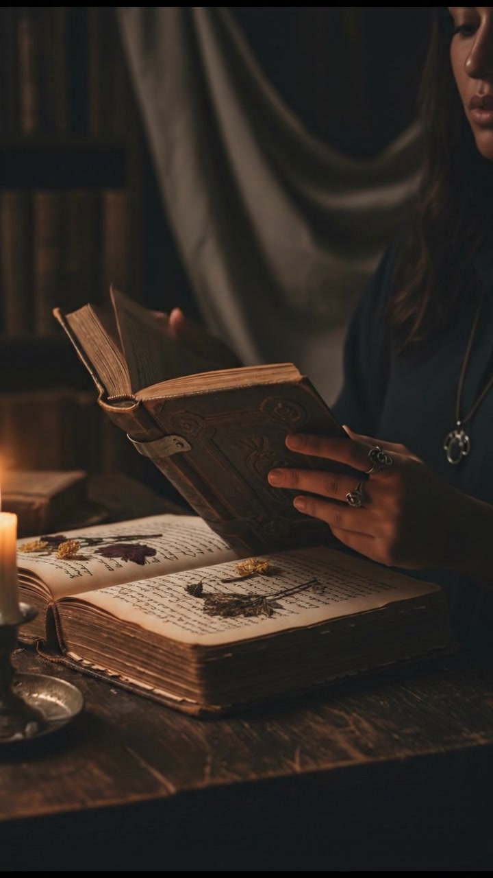 Close-up of Nia's hands holding the unique old book, with soft light illuminating its pages.