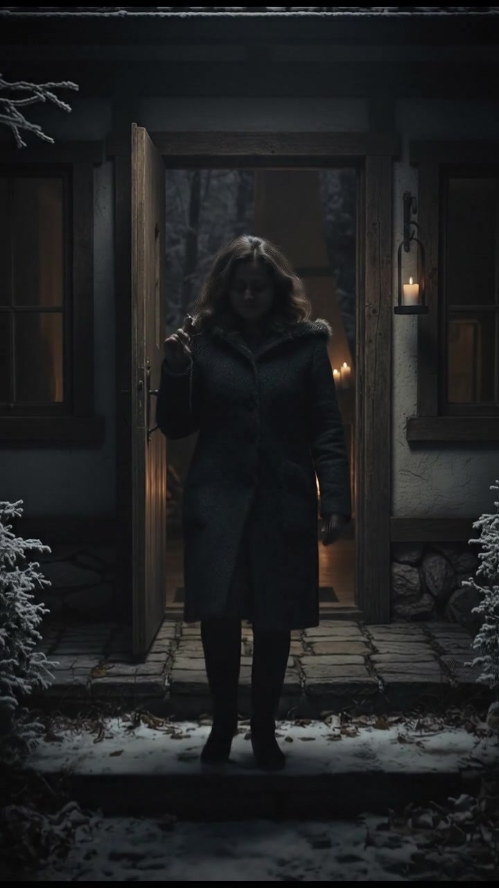 Asha, wearing a warm coat, stands at the door of a cozy home, calling out into the cold.