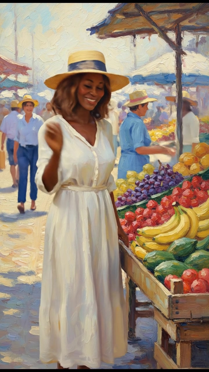 Monique standing near a market stall, selling fresh fruits and greeting customers.