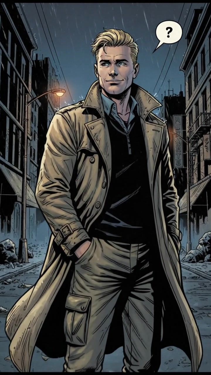 The Ryan looking thoughtful, with a faint smile, standing on the empty street.