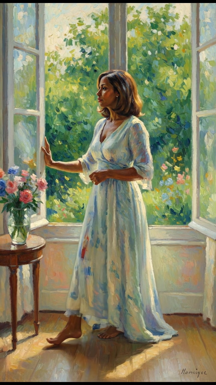 The Monique standing in a bright room, gazing thoughtfully out of a window with lush greenery outside.