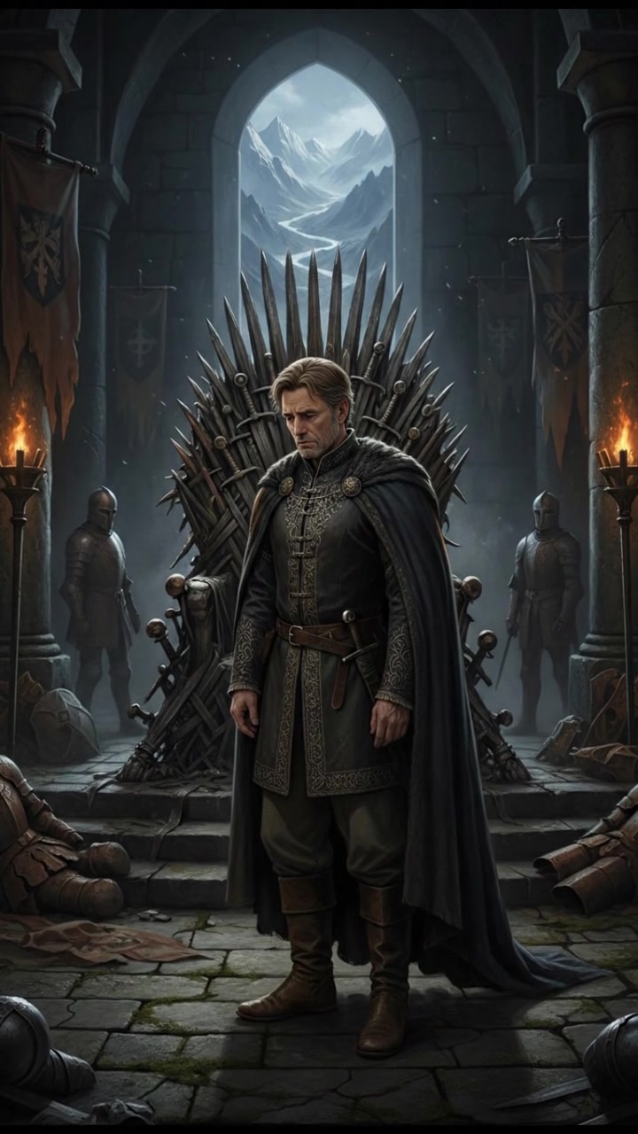 Mark standing alone in a dimly lit throne room, looking downcast.