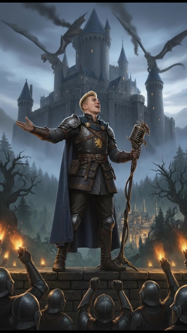 Ryan standing in front of a microphone on stage, laughing and gesturing dramatically towards the audience.