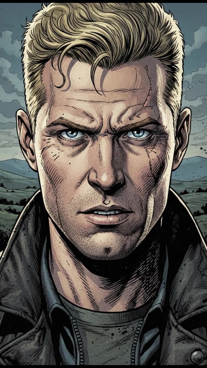 A close-up of Ryan, with a serious expression on his face, set against a blurred background of the hills.