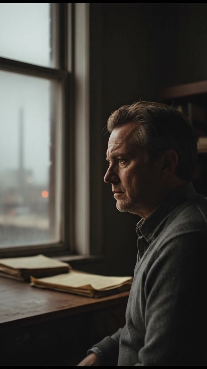 Mark sitting at his desk in a dimly lit office, staring out of a window with a tired expression.