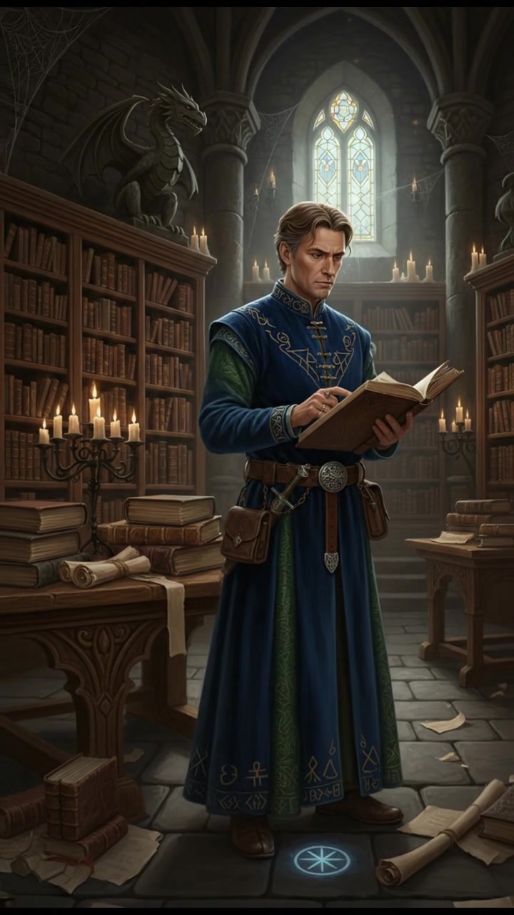 The Mark standing in a dimly lit library, surrounded by ancient books and scrolls, looking thoughtful.