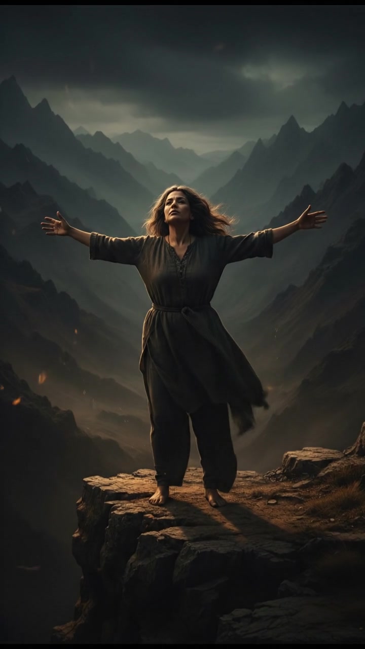 Asha standing on a cliff’s edge, arms stretched wide, overlooking a vast valley with mountains in the distance.