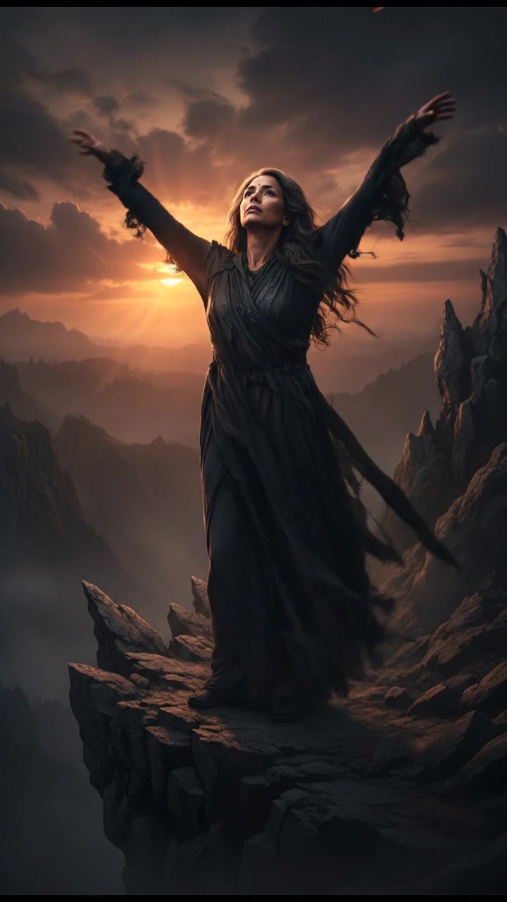 Asha standing tall on a rocky cliff, with a dramatic sunset in the background.