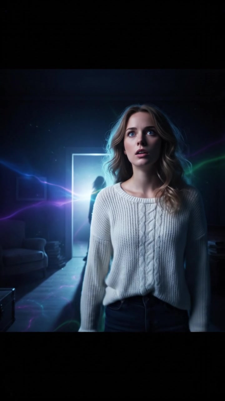 Ashley, startled, turns her head quickly in a dimly lit room, a shadow cast behind her from the doorway.